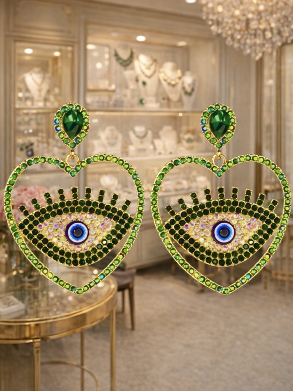 Blue and Green with iridescent whites of Eyes Large Rhinestone Earrings